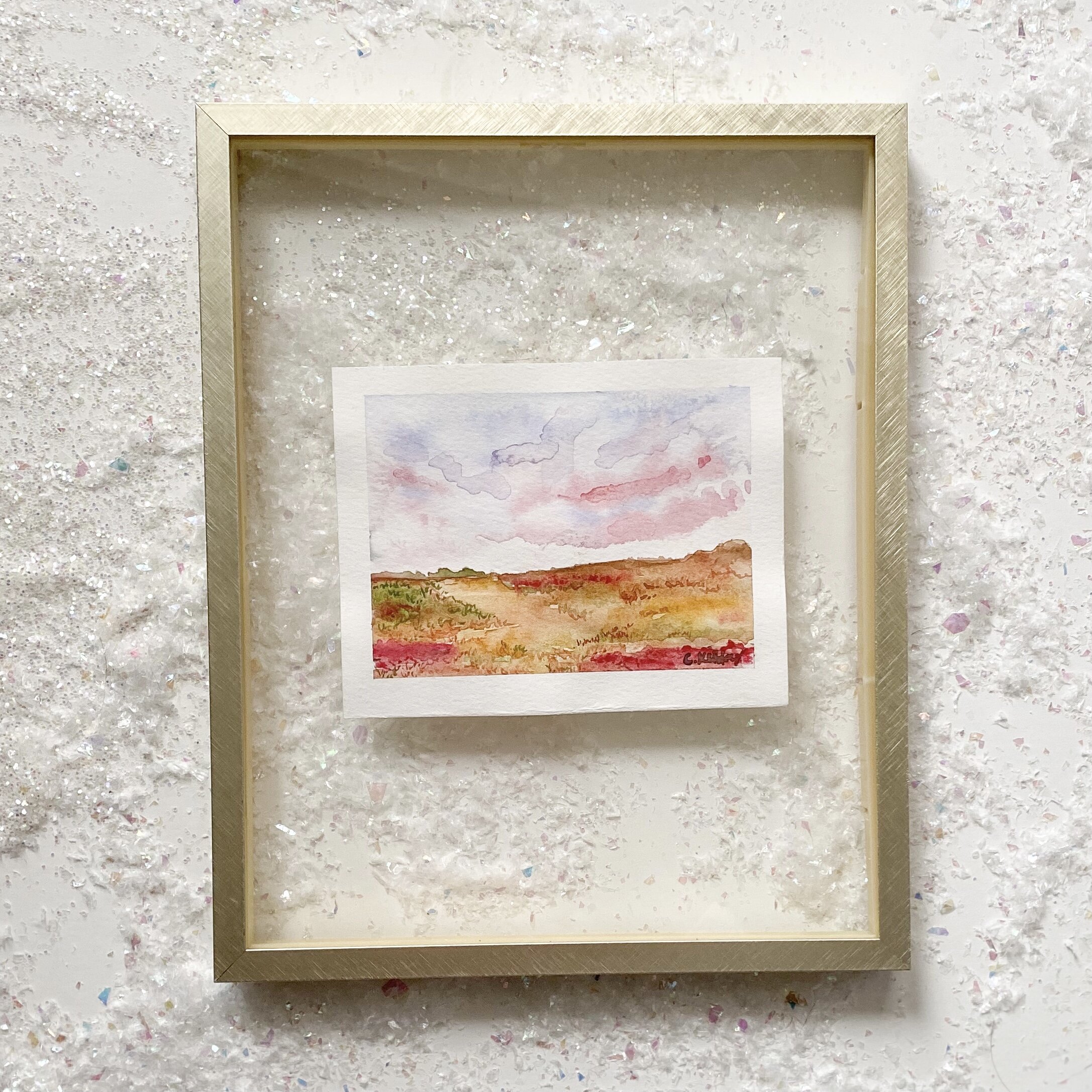 Fall landscape watercolor painting in gold floating frame
