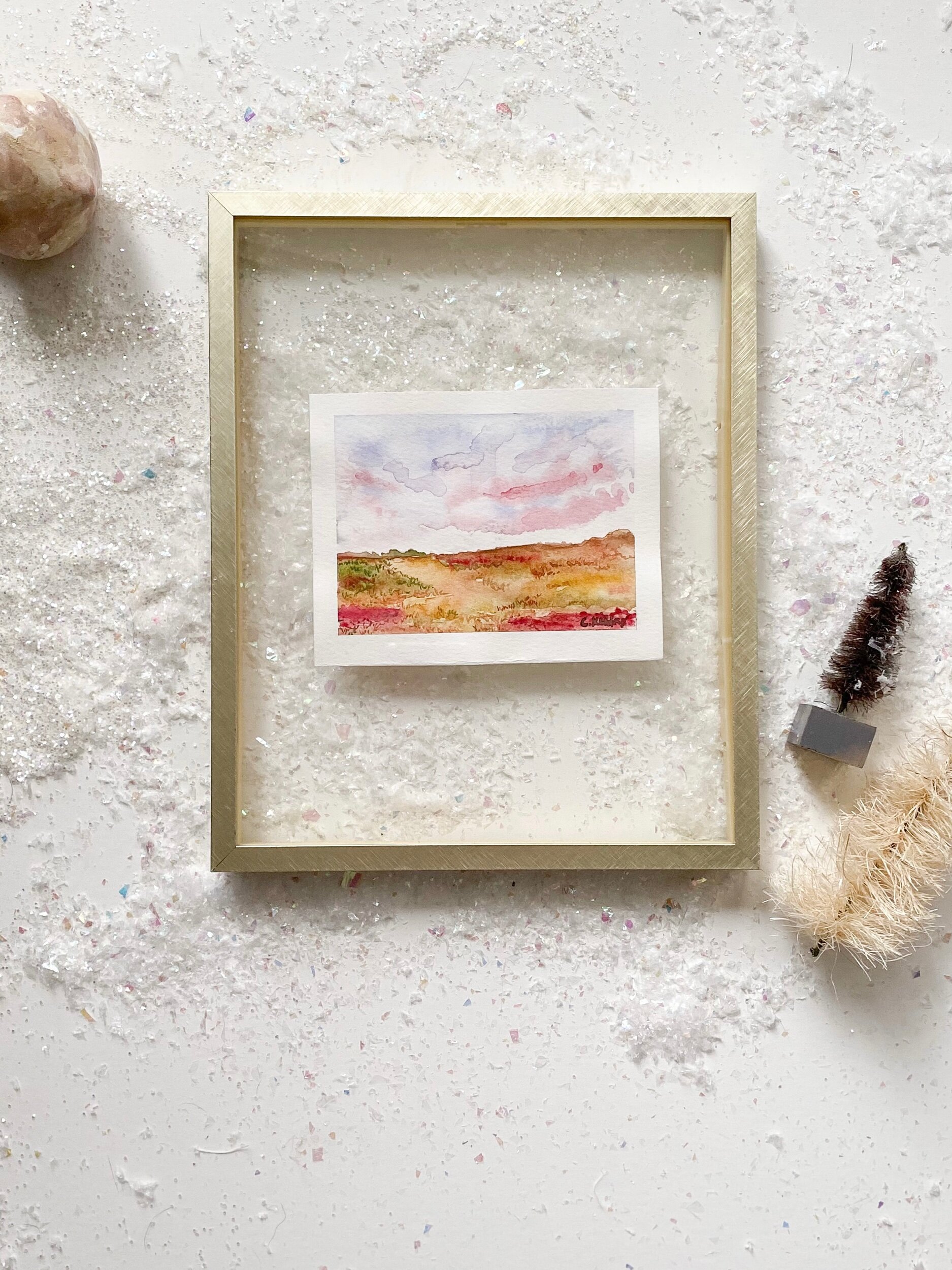 Fall watercolor landscape in gold floating frame courtney kibby designs