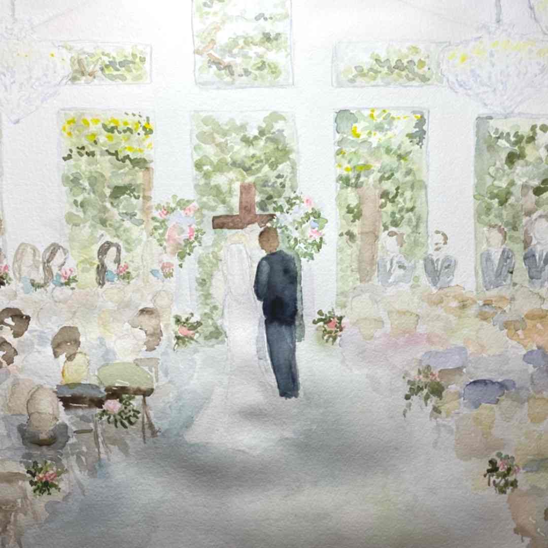 Live wedding painting by live wedding painter Courtney Kibby of Pecandarosa Ranch