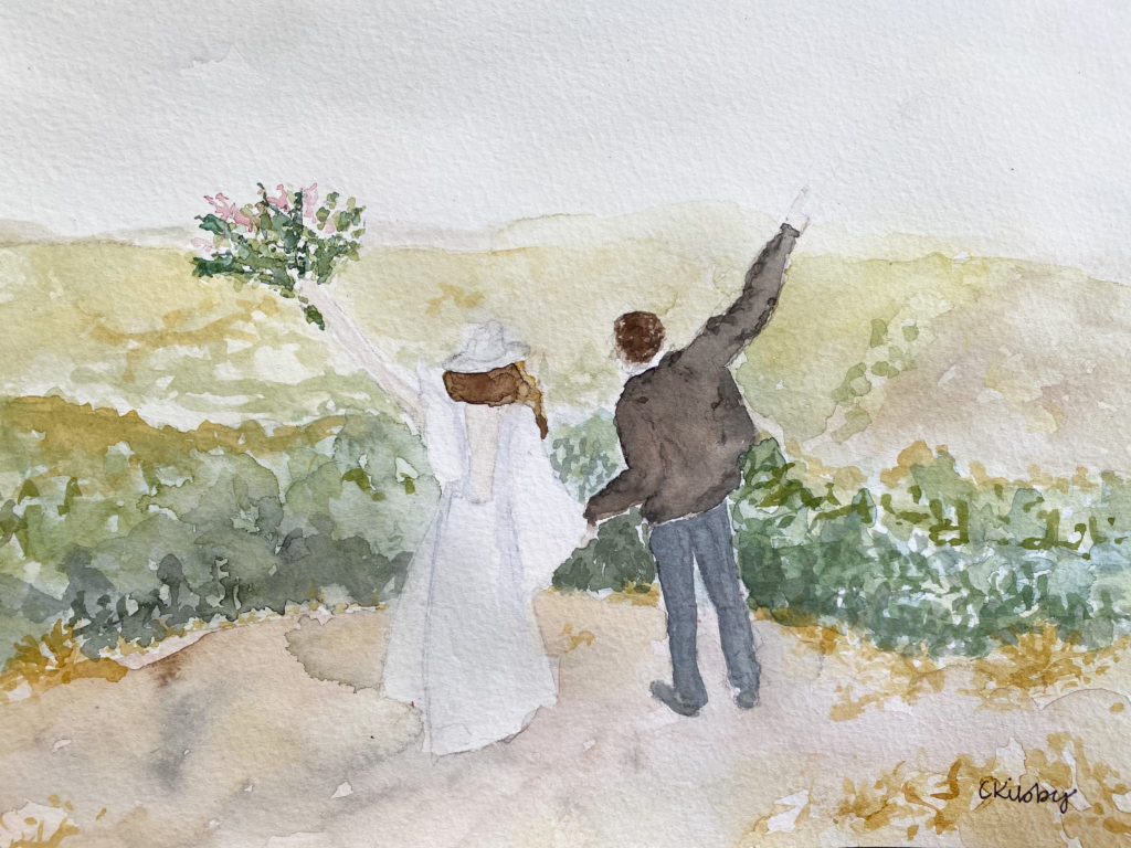 Live wedding painting of couple on a hill in Asheville, NC, photography by Maggie Ann Photography
