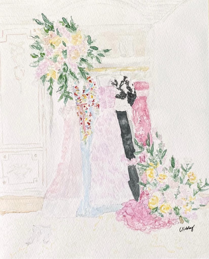 Iconic wedding dresses at Ritz paris captured by KT Merry, painted by Courtney Kibby